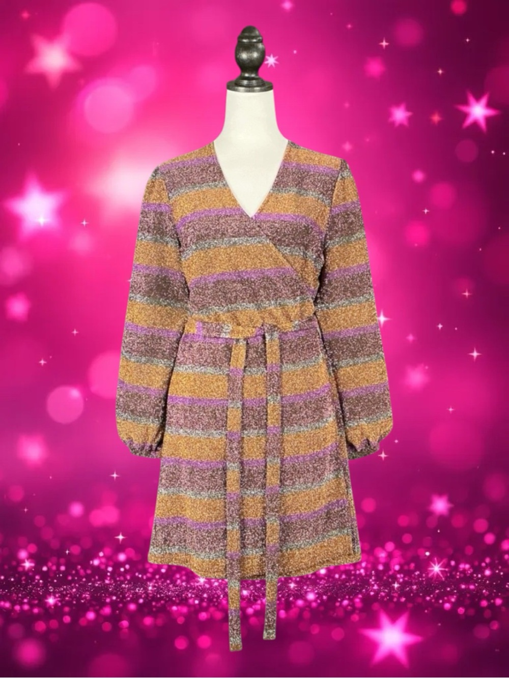 ModCloth Retro Mod Disco Glam Festival Party Metallic Stripe Party Wrap Dress M